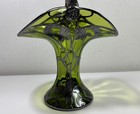 Antique Art Nouveau Green Glass Handled Basket Silver Floral Overlay Look   Read