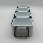 White Enamel Metal Condiment Server Set 4 Bowls Rectangular Tray Rattan Handles