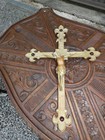Antique Bronze French Religious Crucifix Cross Red Stones