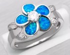 Ocean Blue Fire Opal Triple Plumeria Necklace  Dangle Earrings    Ring Sz 8 Set