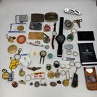 Vintage Junk Drawer Lot Watches Belt Buckles Pins Keychains Coins Jewelry Mixed