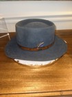 Vintage Akubra Down Under Blue Felt Western Hat Brown Leather Band Sz 60 Aus