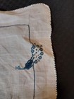Pair Of Vintage Linen Handkerchiefs Blue Peacock Embroidery 12 5x8 5