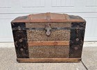 Large Antique Victorian Oak Banded Embossed Leather Dome Top Steamer Trunk Chest