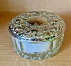 Vintage Glass Powder Jar Silver Plated Embossed Lid Vanity Trinket Box Mirror