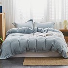  100  Washed Linen Duvet Cover Set With Queen Embroidery Dusty Blue