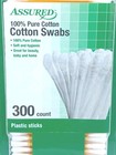 3 Pack -assured 100  Pure Cotton Swabs 300 Count Plastic Sticks 900 Total