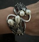 Vintage Art Nouveau Style Clamper Bracelet - Briolette Faux Pearls - Signed