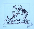 Day Of The Dead Skeleton Playing With Dog Small Etching Handmade Mexico Folk Art