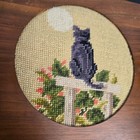 Vtg Crewel Embroidery Kitty Black Cat Moon Round In Square Frame Ooak Read