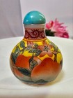 Qianlong  Vtg Marked Chinese Enameled Glass Peach Fruit Floral Snuff Bottle- B4