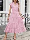 Caracilia Womens Summer Maxi Dresses Casual V Neck Cap Sleeve Gingham Striped