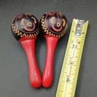 Vintage 4 5  Carved Painted Handmade Floral Puerto Rico Folk Art Wooden Maracas 