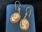 Vtg 14k Yellow Gold Italian Carved Shell Cameo Flower Detail Earrings Dangle