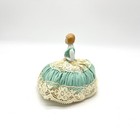 Vintage Porcelain Half Doll Pin Cushion Made In Japan Green Lace Dress Lady