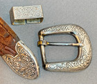 Vintage Western 3 Piece Sterling Silver Buckle Set Hickok Leather Belt Size 32