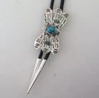 Unique Sterling Silver   Turquoise Ornately Stamped Bow Shaped Bolo Tie
