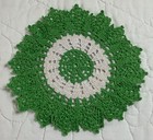 Vintage Small Round Doily  Hand Crocheted  White   Green  Flower Design