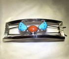 Vintage Sterling Silver Turquoise And Coral Hair Barrette