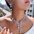Women Silver Plated Leaf Zircon Long Drop Necklace Earrings Wedding Jewelry Set
