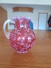 Fenton L g  Wright Vtg Cranberry Daisy And Fern Blown Glass Clear Handle Pitcher