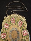 Pretty  antique Micro Beaded Purse Floral Motif W gold Leaf Frame