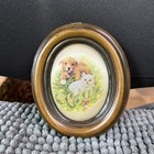 Vintage Silk Framed Oval Print Of Cat And Dog 4x3 5  Hand Crafted In Italy