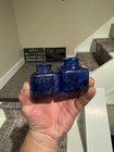 Pair Of Pretty Antique Cobalt Blue Ink Well Bottles Square Two Diff Sizes 1920s