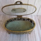 Vtg Ornate Jewelry Casket Metal Filigree Ormalu Beveled Glass Lid Green Velvet