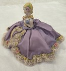 Half Doll Pin Cushion Porcelain 5  Tall Antique Lady Lace   Flowers Purple Lilac