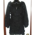 Elegant Black Lace Long Sleeve Mini Dress Cocktail Party Evening Ruched Size S