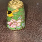 Vintage Green Cloisonn   Brass   Enamel Collectible Thimble Bird   Flowers