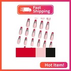 Vezocim Red Press On Nails Coffin Long French Tips Glossy Full Cover Acrylic Squ