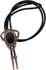 Vintage Black Stone Bolo Tie Native American Western Cowboy Retro Genunie Leathe