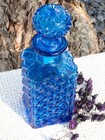 Vintage Cobalt Blue Pressed Glass Decanter With Stopper    diamond Pattern Barware