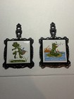 Vintage Happy Frog Cast Iron Ceramic Tile Trivet Kitchen Decor Kitschy 2pc