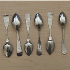 Lot Of 6 Fiddleback Engraved Silver Coin Teaspoons - Assorted Maker Stamps
