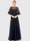 Mac Duggal 10 Embellished A-line Evening Gown Feather Cape Navy Dress 42098 Nwt