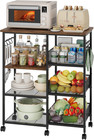 Rolling Kitchen Carts With Storage - Microwave Table Stand With 6 Hooks   3 Bask