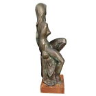 Bronze Sculpture Of Seated Nude Woman On Wood Base Signed Hughes Art Deco Vibes