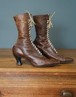 Antique Victorian Edwardian Leather Brown Lace Up Boots Witch Moon Heel Size 9