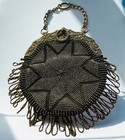 Antique Victorian Cut Steel Beaded With Fringe Chatelaine Leather Clutch Purse