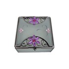 Vintage Frosted Glass Jewelry Trinket Box With Hinged  Lid Pink Jewels Etched