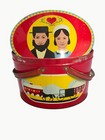 Vintage Sewing Tin Amish Theme Red Metal Oval  W  Handles Pa Dutch Folk Art 