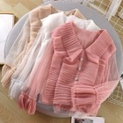 Women Ruffle Mesh T Shirt Blouse Tops V Neck Long Sleeve    flare Sleeve Sweet