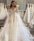 Wedding Dresswith Sweep Train Lace Applique Detachable Long Sleeve Bridal Gown