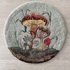 Vtg Hand Hooked Mushrooms Sitting Or Wall Hanging Rug Retro Mcm 1960s Round 15   