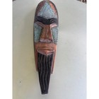 Vintage Hand Carved Wooden Tribal Mask Blue Metal Inlay Wall Decor 17 Inch