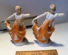 Pair Vtg 1920   s Porcelain Art Deco Lady Dancing Figurines Orange Dress Germany