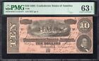 T-68 1864  10 Confederate Currency Pmg 63 Epq Civil War Ten Dollar Bill 7027